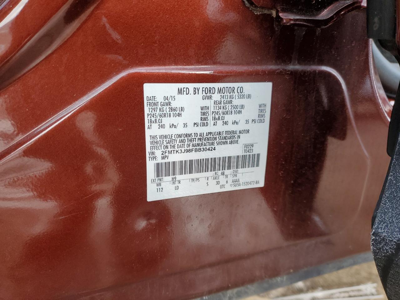 2015 Ford Edge VIN 2FMTK3J98FBB30424 Copart auction photo, front end damage thumbnail 13