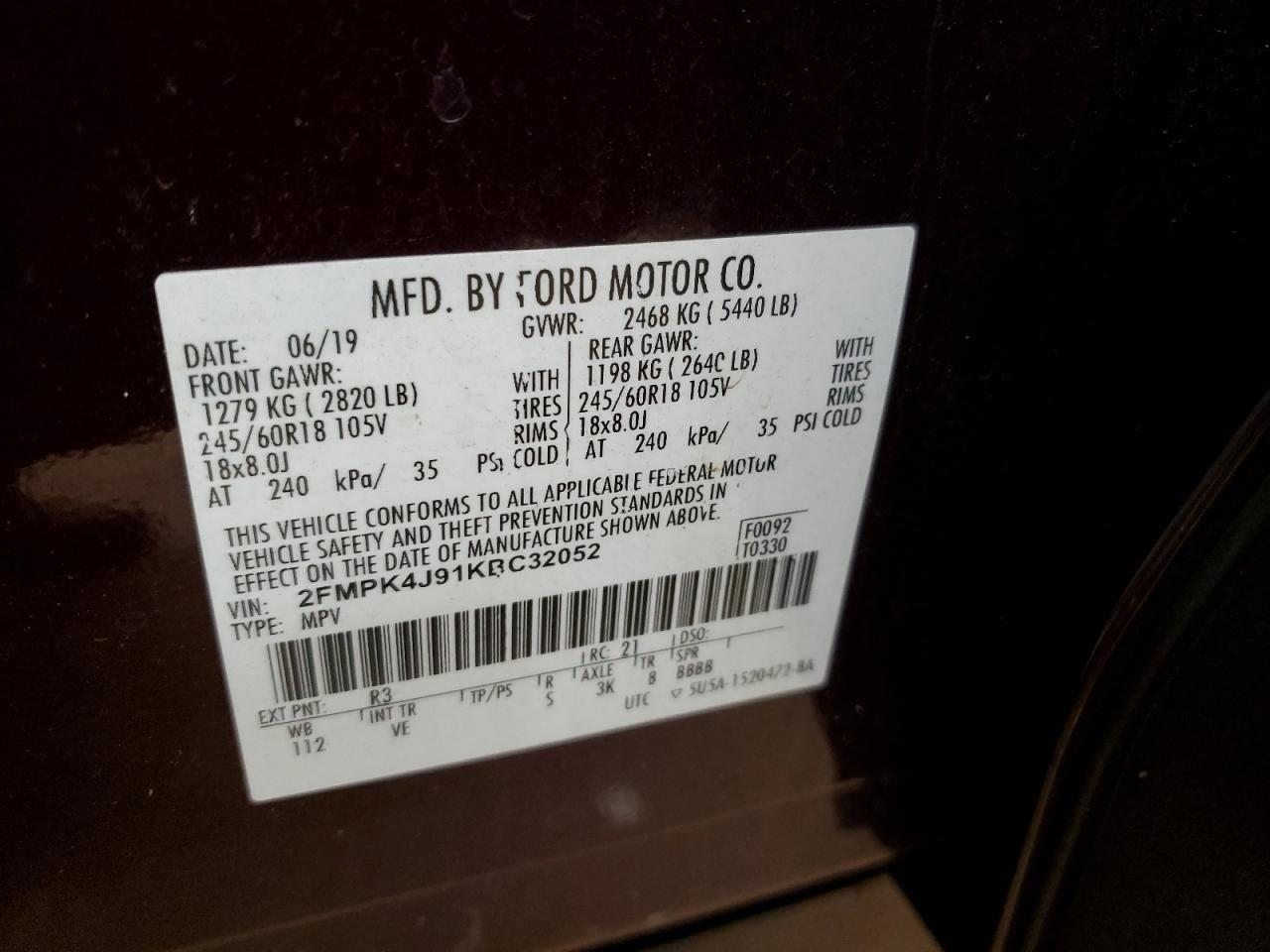 2019 Ford Edge VIN 2FMPK4J91KBC32052 Copart auction photo, front end / side damage thumbnail 13