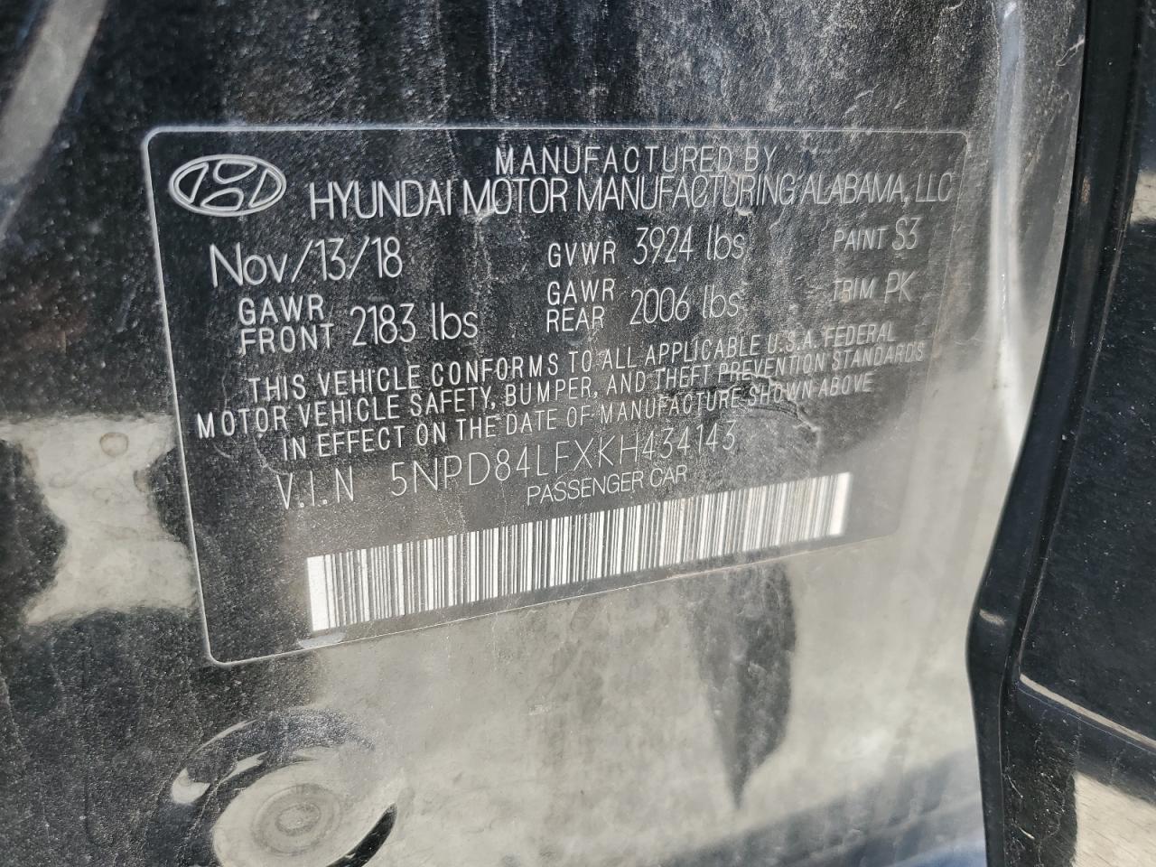 2019 Hyundai Elantra VIN 5NPD84LFXKH434143 Copart auction photo, side / minor dent/scratches damage thumbnail 12
