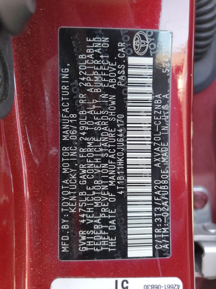 2018 Toyota Camry VIN 4T1B11HK0JU644170 Copart auction photo, rear end damage thumbnail 12