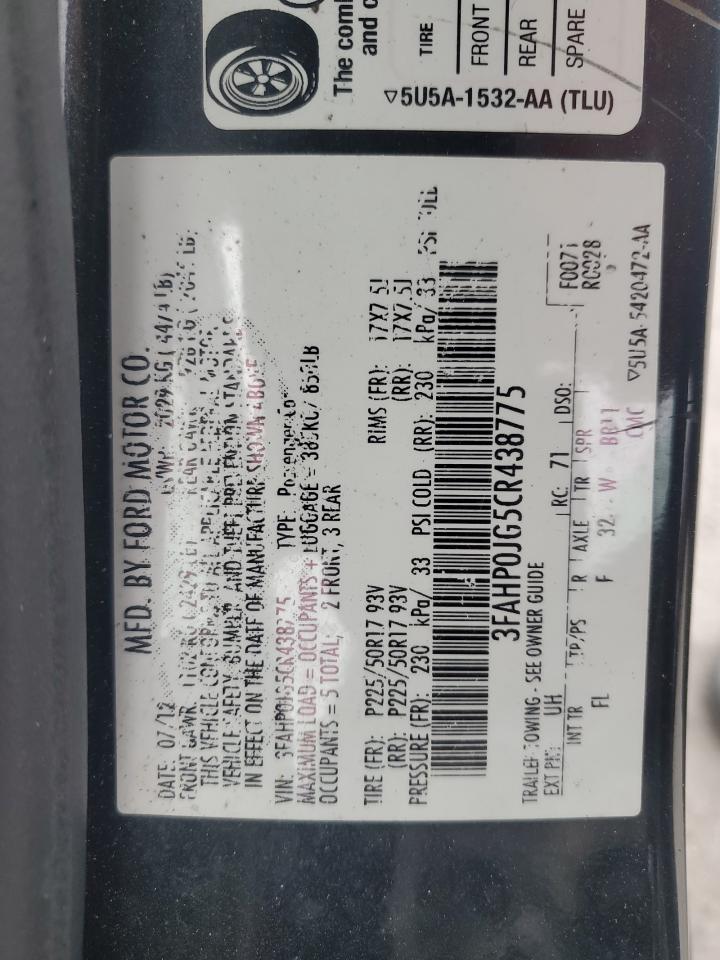 2012 Ford Fusion VIN 3FAHP0JG5CR438775 Copart auction photo, front end / minor dent/scratches damage thumbnail 13