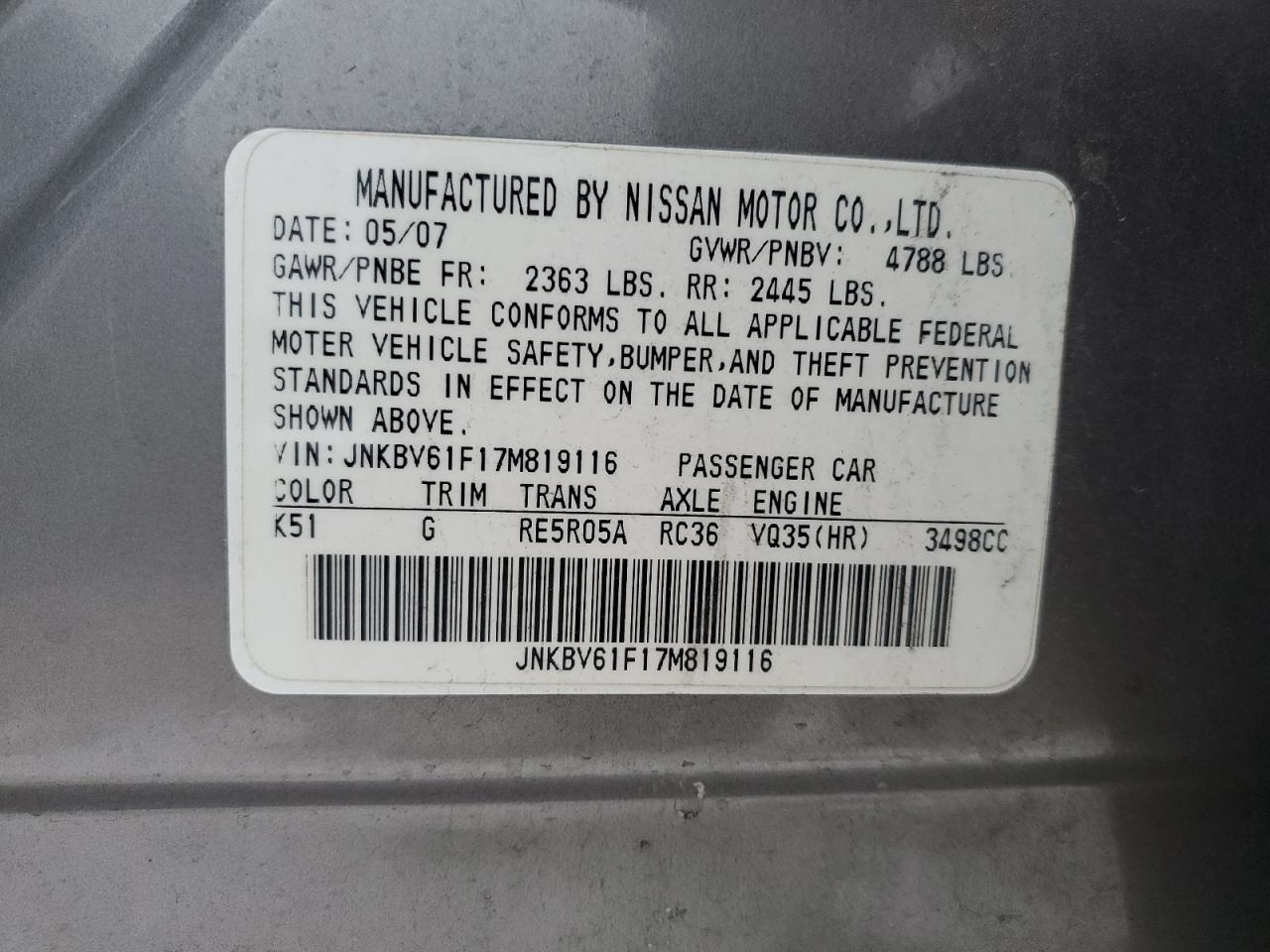 2007 Infiniti G VIN JNKBV61F17M819116 Copart auction photo, vandalism / front end damage thumbnail 12