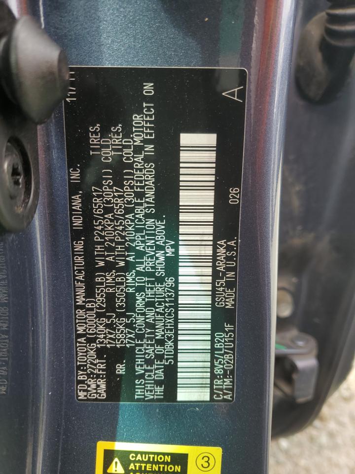 2012 Toyota Highlander VIN 5TDBK3EHXCS113796 Copart auction photo, side / front end damage thumbnail 13