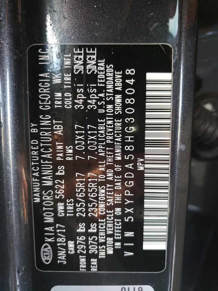 2017 KIA Sorento VIN 5XYPGDA58HG308048 Copart auction photo, front end / vandalism damage thumbnail 13