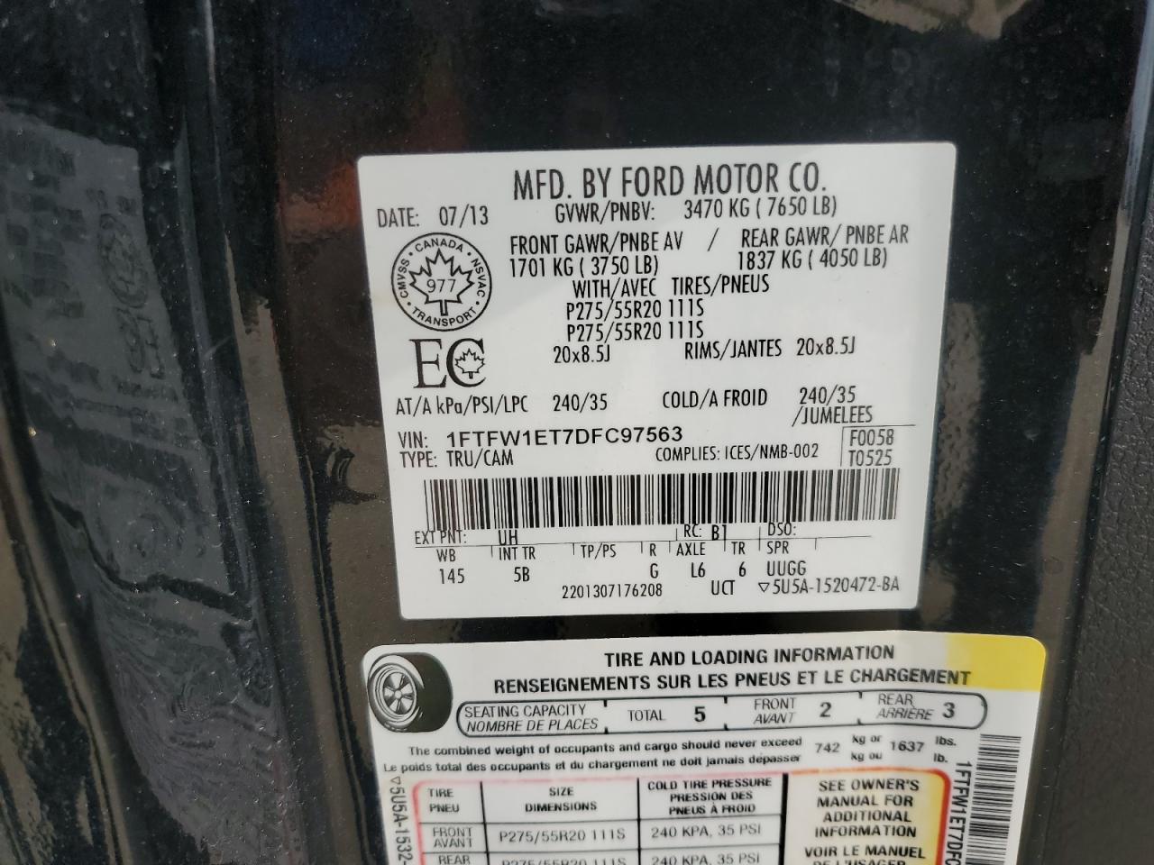 2013 Ford F-150 VIN 1FTFW1ET7DFC97563 Copart auction photo, side damage thumbnail 12