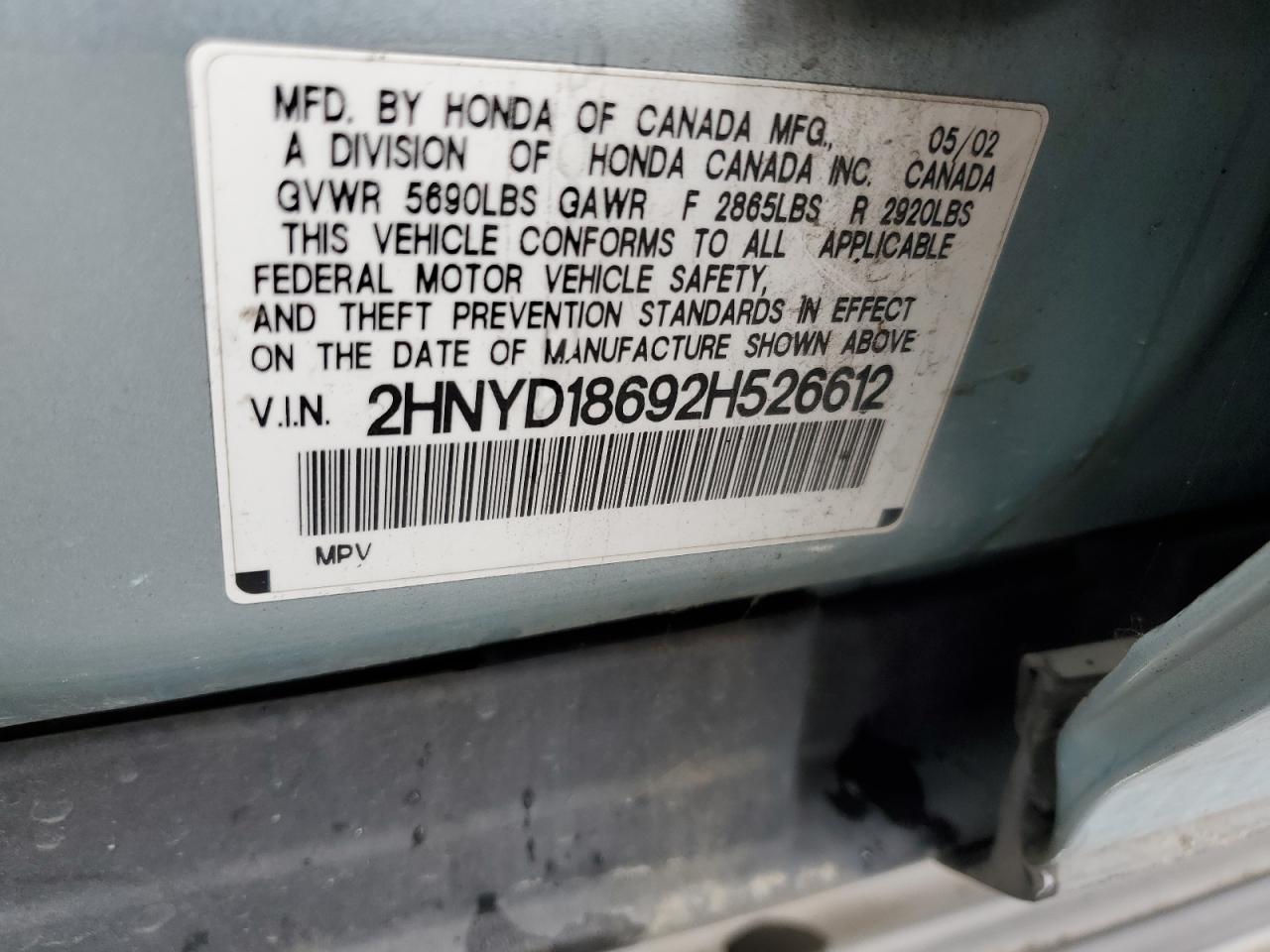 2002 Acura MDX VIN 2HNYD18692H526612 Copart auction photo, rear end damage thumbnail 13