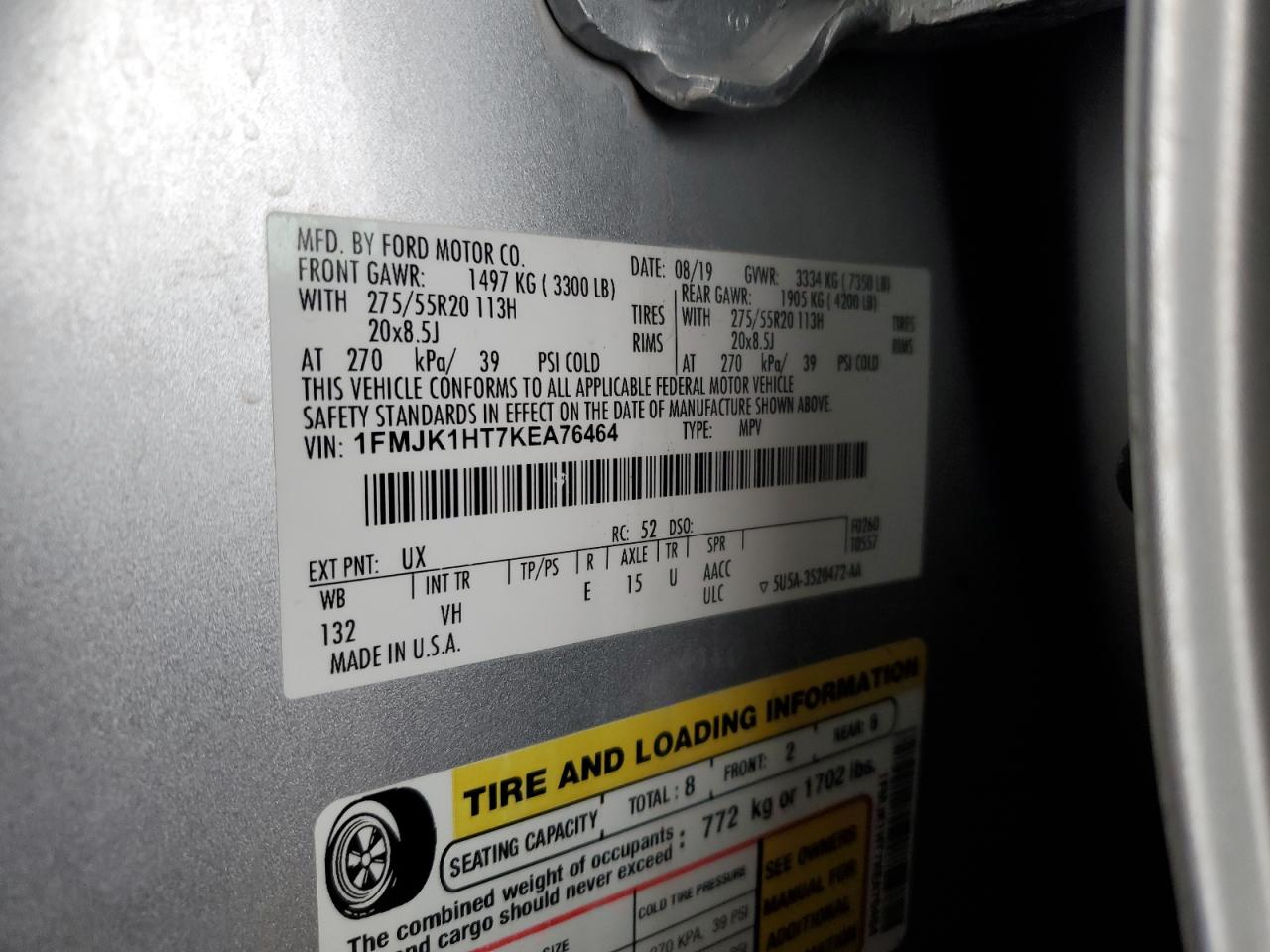 2019 Ford Expedition VIN 1FMJK1HT7KEA76464 Copart auction photo, normal wear damage thumbnail 13