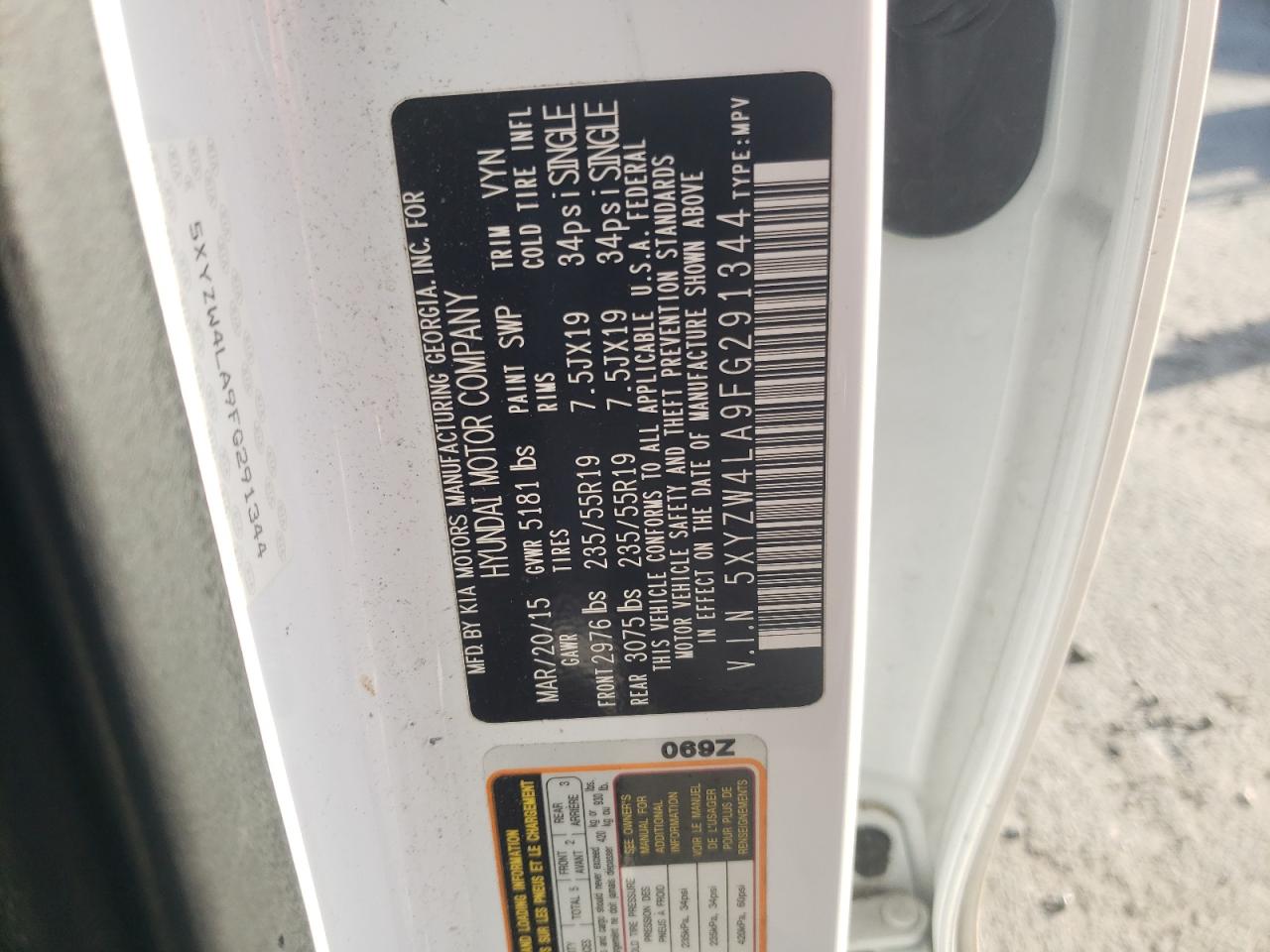 2015 Hyundai Santa Fe VIN 5XYZW4LA9FG291344 Copart auction photo, front end / minor dent/scratches damage thumbnail 13