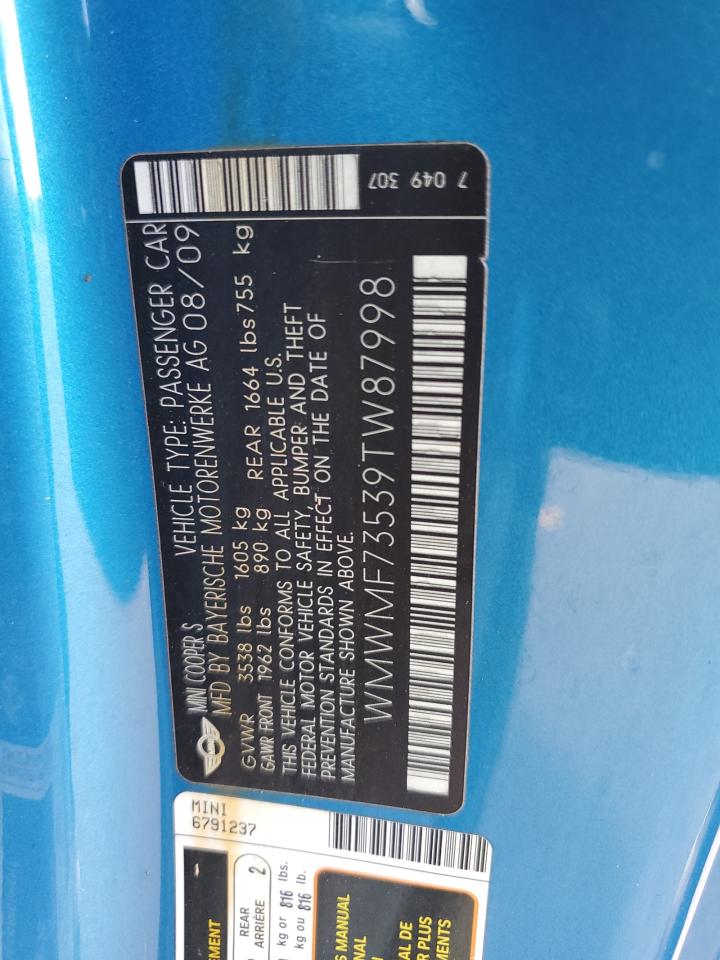 2009 MINI Cooper VIN WMWMF73539TW87998 Copart auction photo, mechanical / rear end damage thumbnail 12