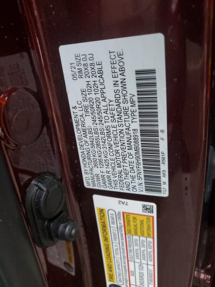 2021 Honda Pilot VIN 5FNYF6H90MB088918 Copart auction photo, water/flood damage thumbnail 14