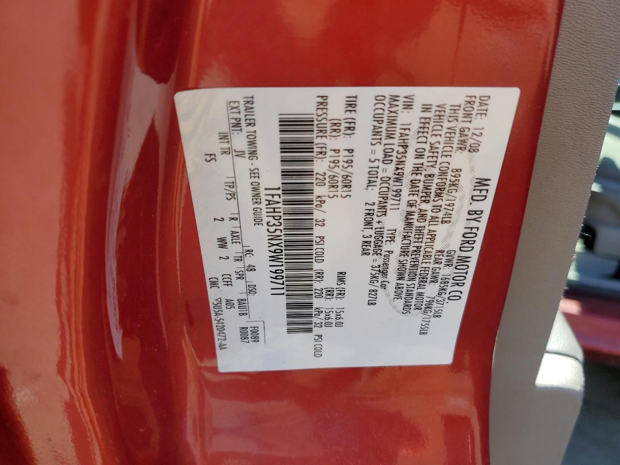 2009 Ford Focus VIN 1FAHP35NX9W199711 Copart auction photo, front end damage thumbnail 12