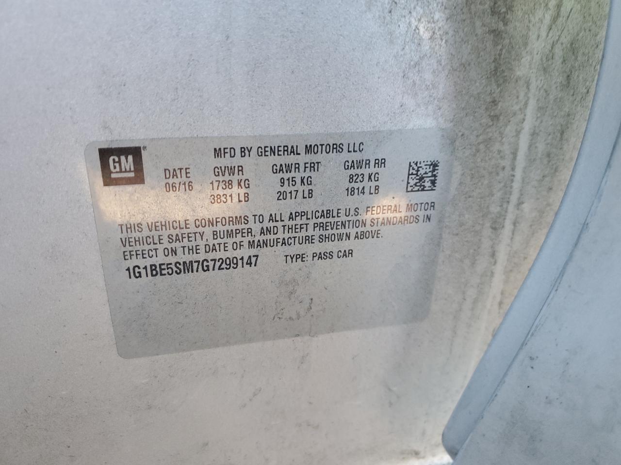 2016 Chevrolet Cruze VIN 1G1BE5SM7G7299147 Copart auction photo, front end / side damage thumbnail 14