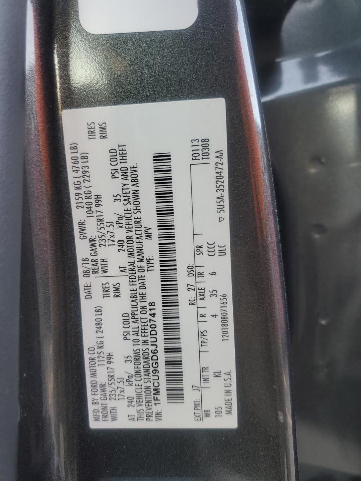 2018 Ford Escape VIN 1FMCU9GD6JUD07418 Copart auction photo, front end damage thumbnail 13