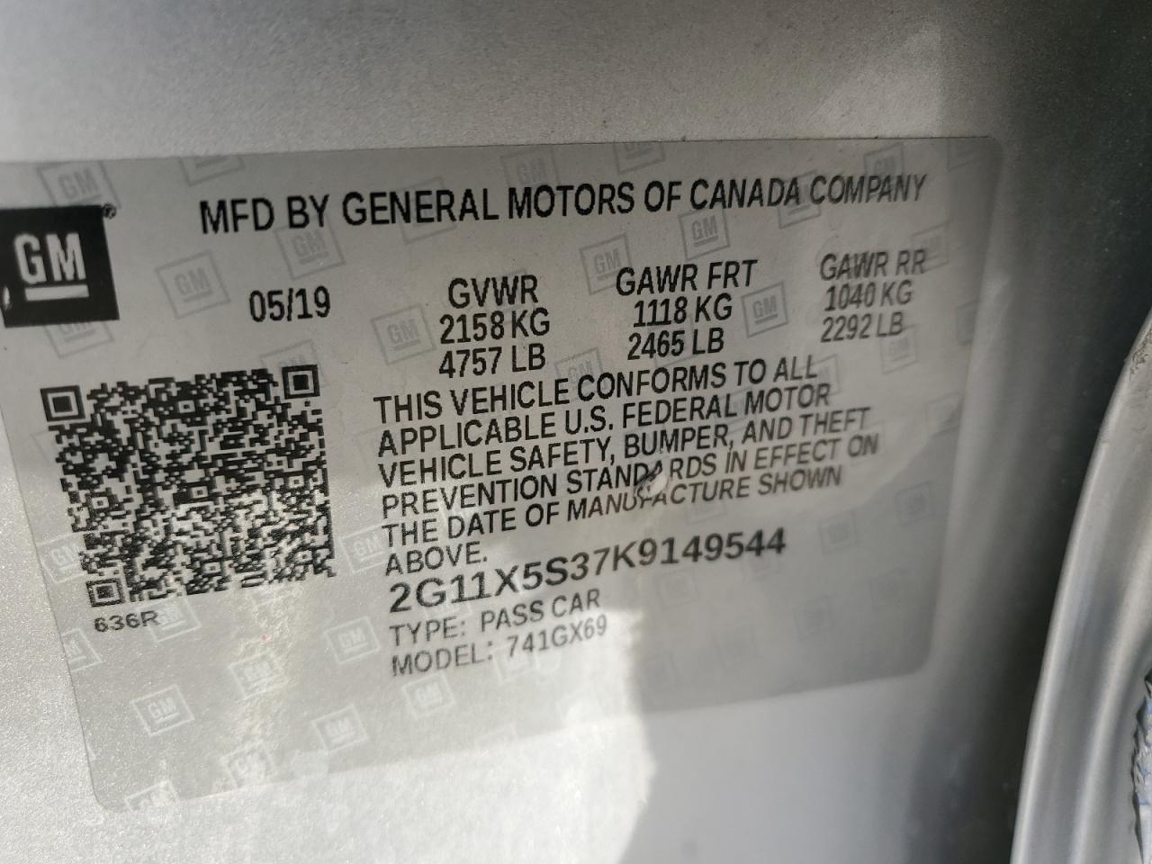 2019 Chevrolet Impala VIN 2G11X5S37K9149544 Copart auction photo, side / rear end damage thumbnail 14