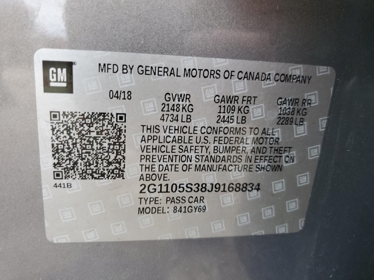 2018 Chevrolet Impala VIN 2G1105S38J9168834 Copart auction photo, front end / side damage thumbnail 14