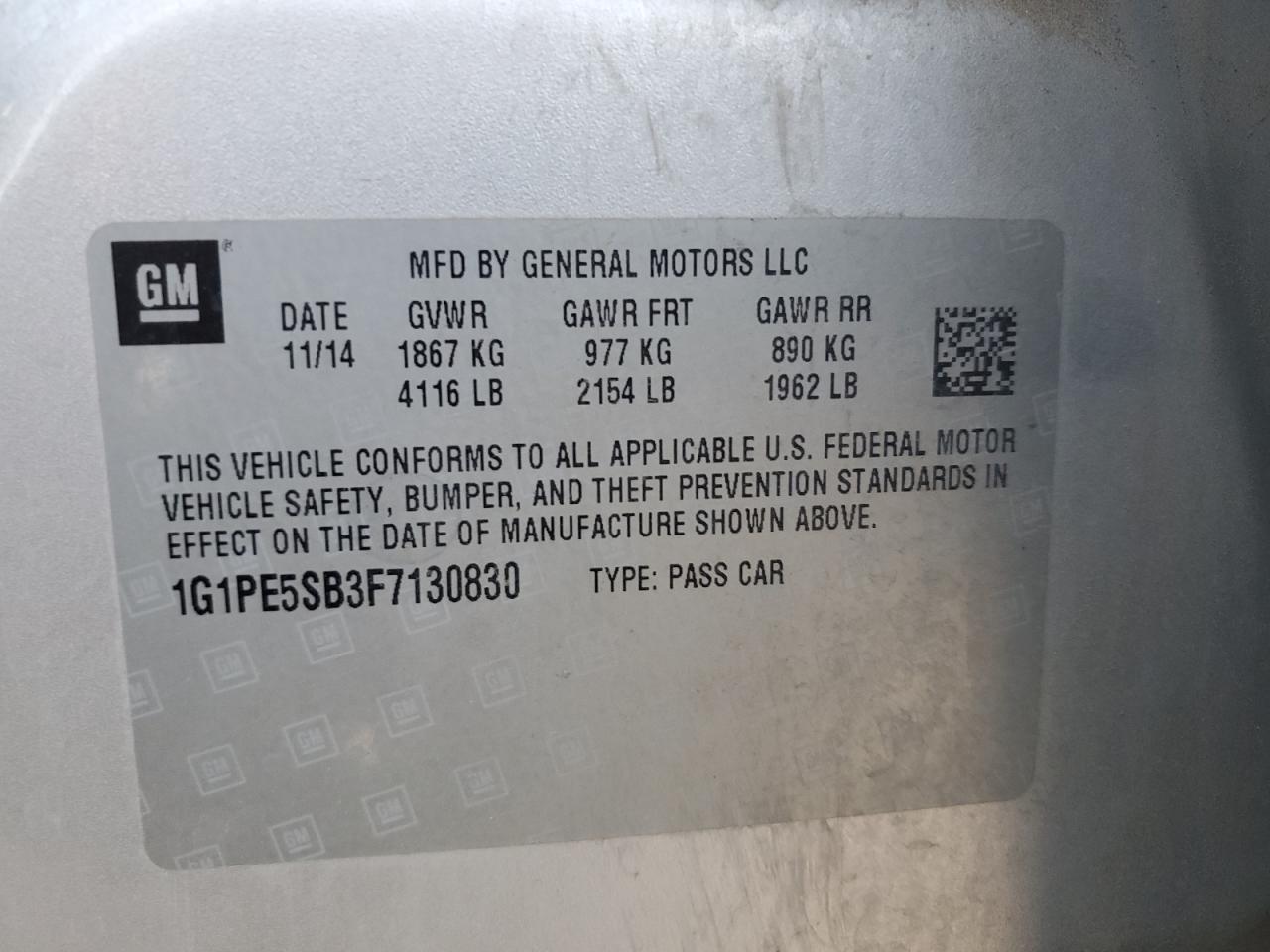 2015 Chevrolet Cruze VIN 1G1PE5SB3F7130830 Copart auction photo, rear end / frame damage damage thumbnail 14