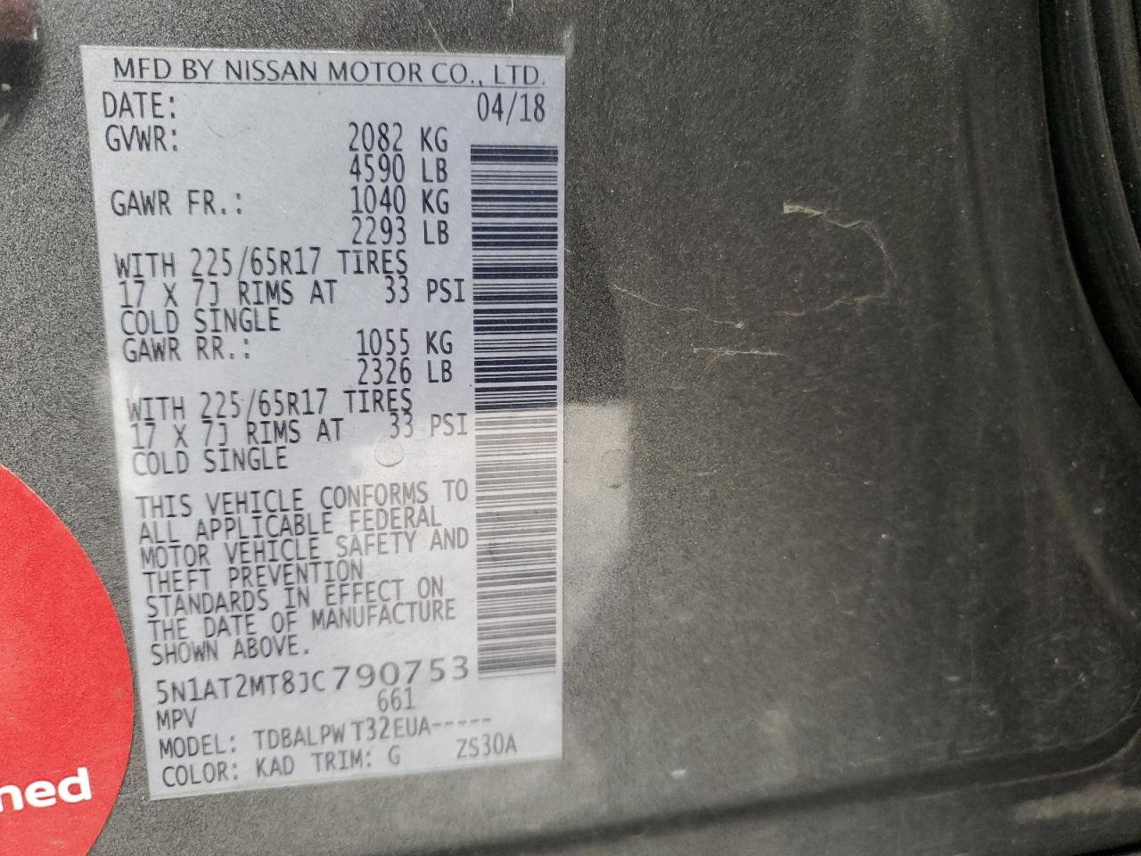 2018 Nissan Rogue VIN 5N1AT2MT8JC790753 Copart auction photo, top/roof / front end damage thumbnail 14
