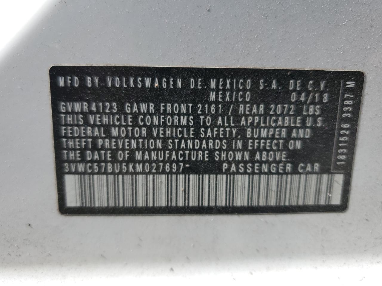 2019 Volkswagen Jetta VIN 3VWC57BU5KM027697 Copart auction photo, side damage thumbnail 12