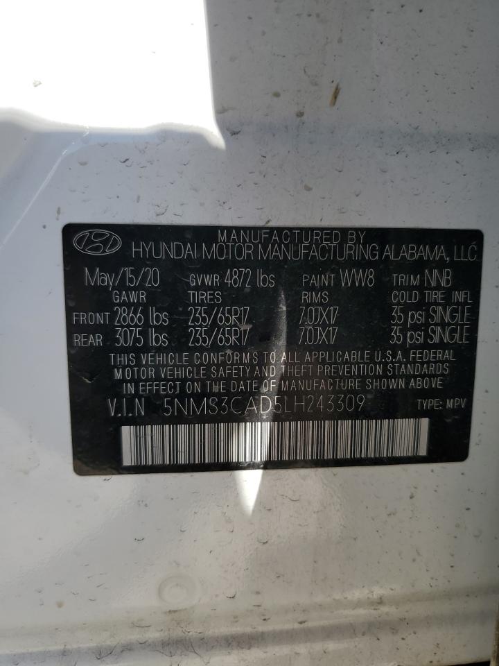 2020 Hyundai Santa Fe VIN 5NMS3CAD5LH243309 Copart auction photo, all over / mechanical damage thumbnail 13