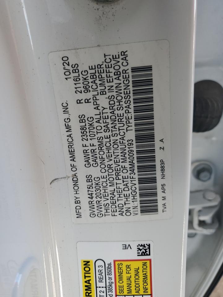 2021 Honda Accord VIN 1HGCV1F34MA009193 Copart auction photo, front end damage thumbnail 12
