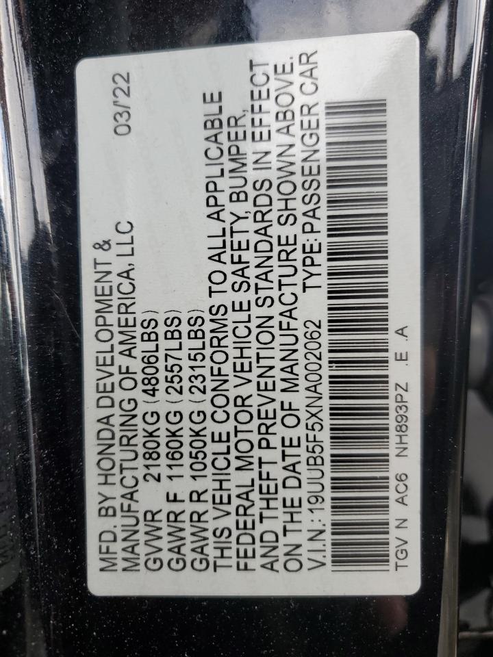 2022 Acura TLX VIN 19UUB5F5XNA002062 Copart auction photo, side damage thumbnail 12