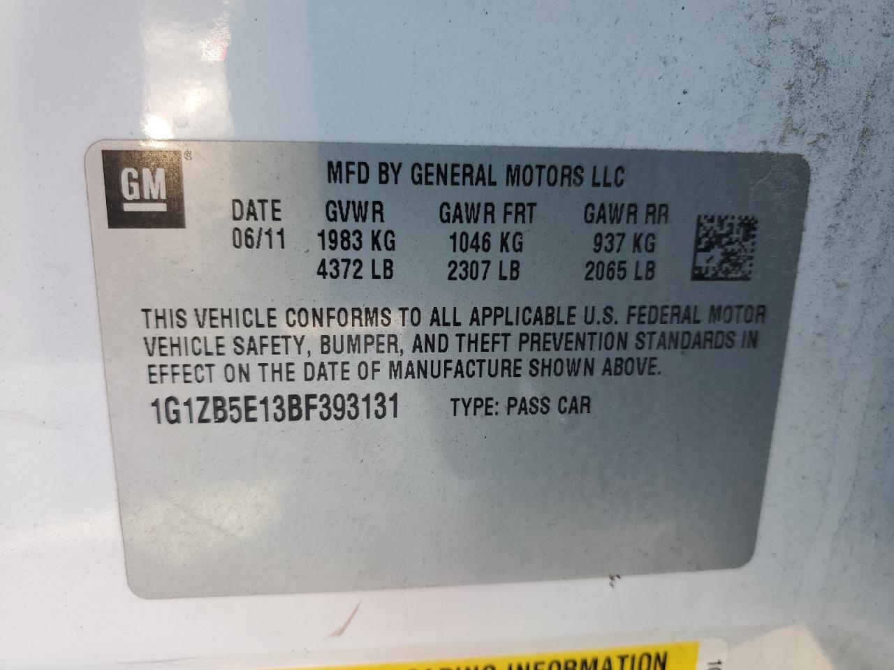 2011 Chevrolet Malibu VIN 1G1ZB5E13BF393131 Copart auction photo, front end / mechanical damage thumbnail 12