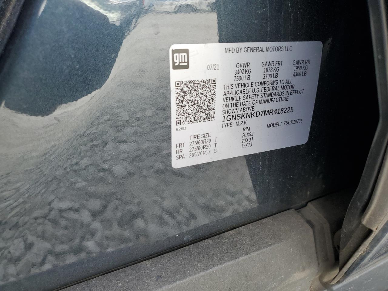 2021 Chevrolet Tahoe VIN 1GNSKNKD7MR418225 Copart auction photo, side / undercarriage damage thumbnail 14