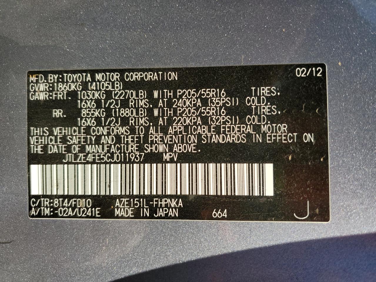 2012 Toyota xB VIN JTLZE4FE5CJ011937 Copart auction photo, all over damage thumbnail 13