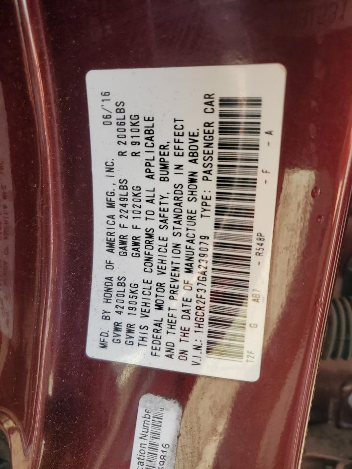 2016 Honda Accord VIN 1HGCR2F37GA239079 Copart auction photo, rear end damage thumbnail 12