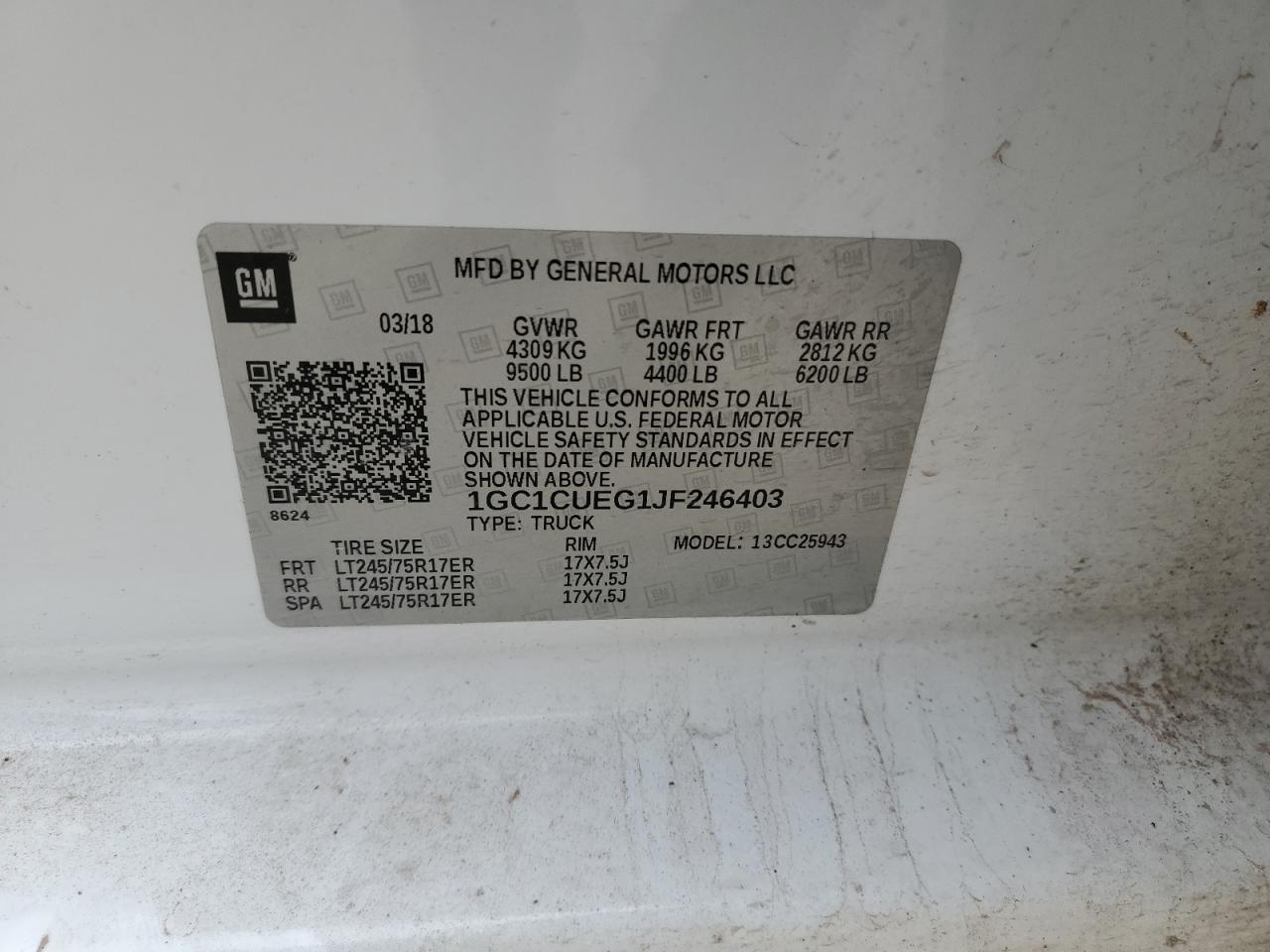 2018 Chevrolet Silverado VIN 1GC1CUEG1JF246403 Copart auction photo, normal wear damage thumbnail 12