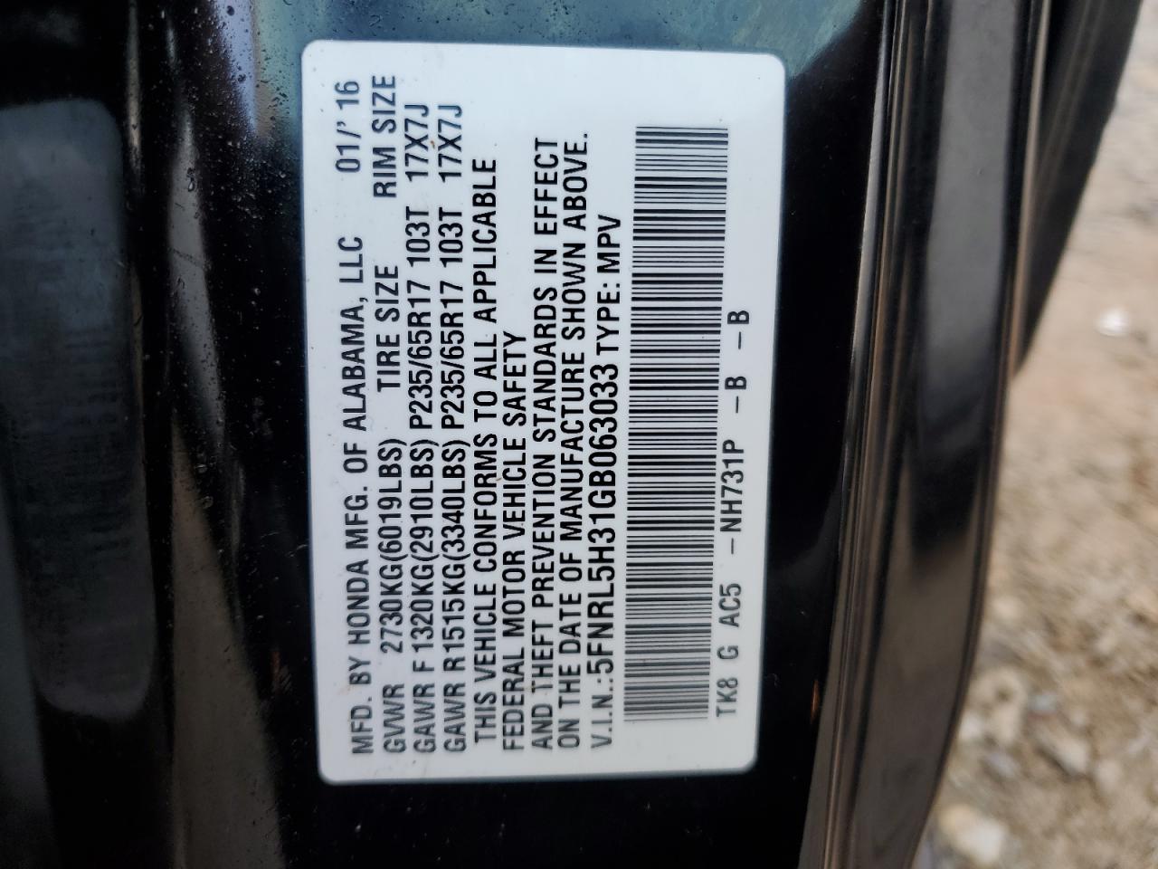 2016 Honda Odyssey VIN 5FNRL5H31GB063033 Copart auction photo, front end / side damage thumbnail 15