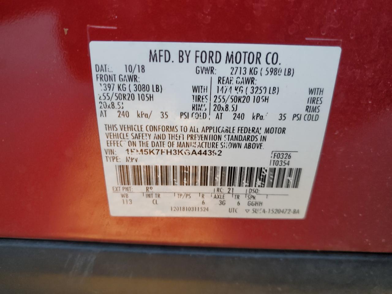 2019 Ford Explorer VIN 1FM5K7FH3KGA44392 Copart auction photo, front end / minor dent/scratches damage thumbnail 16