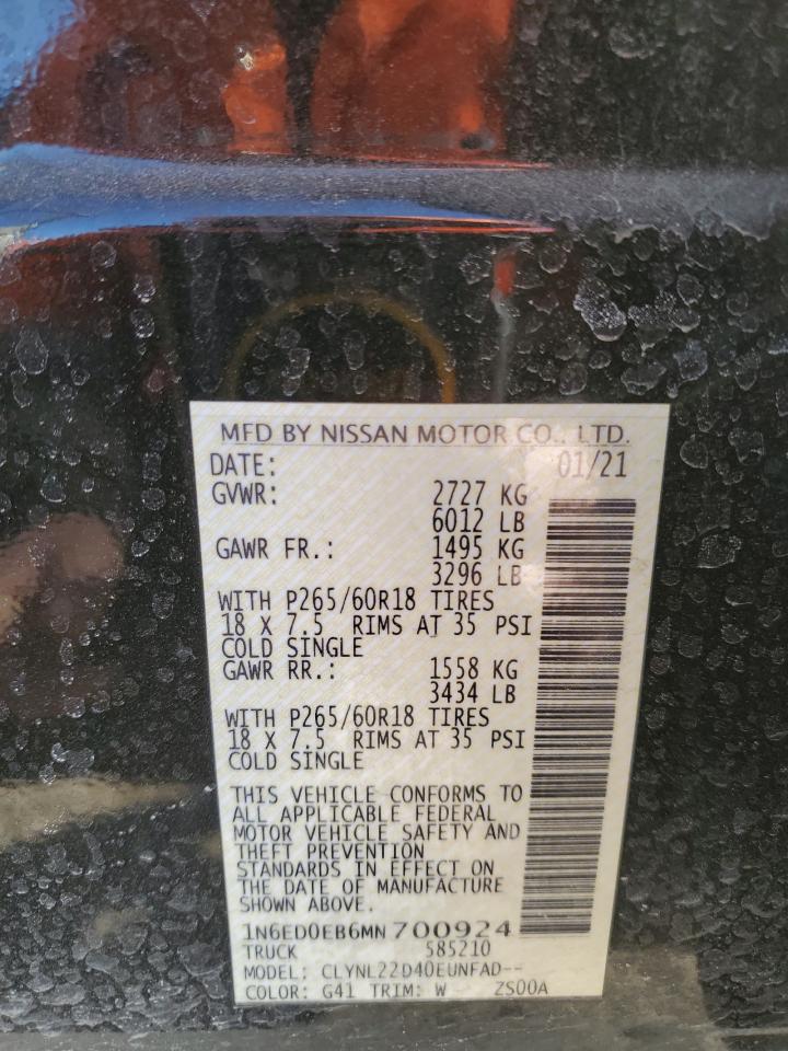 2021 Nissan Navara (Frontier) VIN 1N6ED0EB6MN700924 Copart auction photo, front end / side damage thumbnail 13