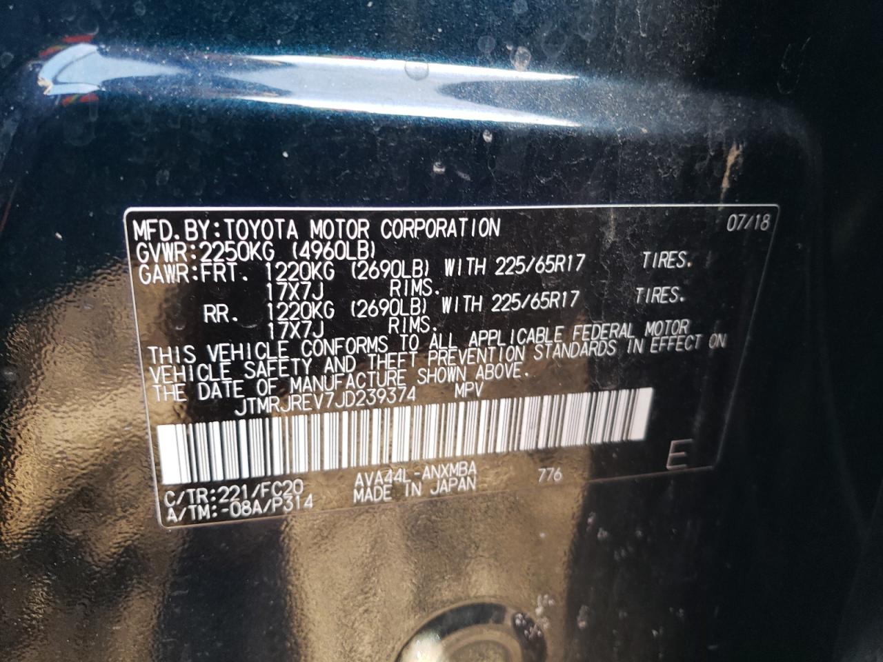 2018 Toyota RAV 4 VIN JTMRJREV7JD239374 Copart auction photo, undercarriage / minor dent/scratches damage thumbnail 13