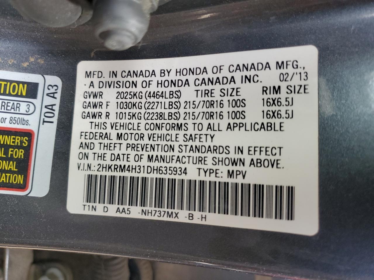 2013 Honda CR-V VIN 2HKRM4H31DH635934 Copart auction photo, front end / rear end damage thumbnail 14