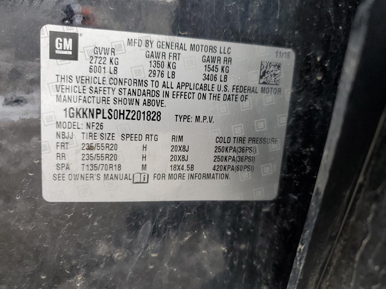 2017 GMC Acadia VIN 1GKKNPLS0HZ201828 Copart auction photo, front end / side damage thumbnail 13