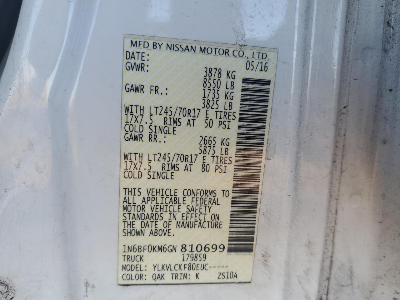 2016 Nissan NV VIN 1N6BF0KM6GN810699 Copart auction photo, front end damage thumbnail 15