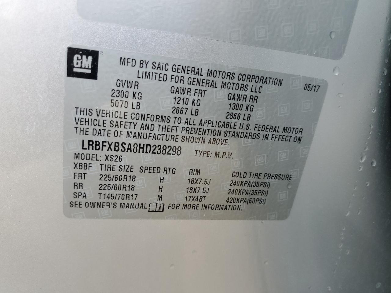 2017 Buick Envision VIN LRBFXBSA8HD238298 Copart auction photo, front end damage thumbnail 13