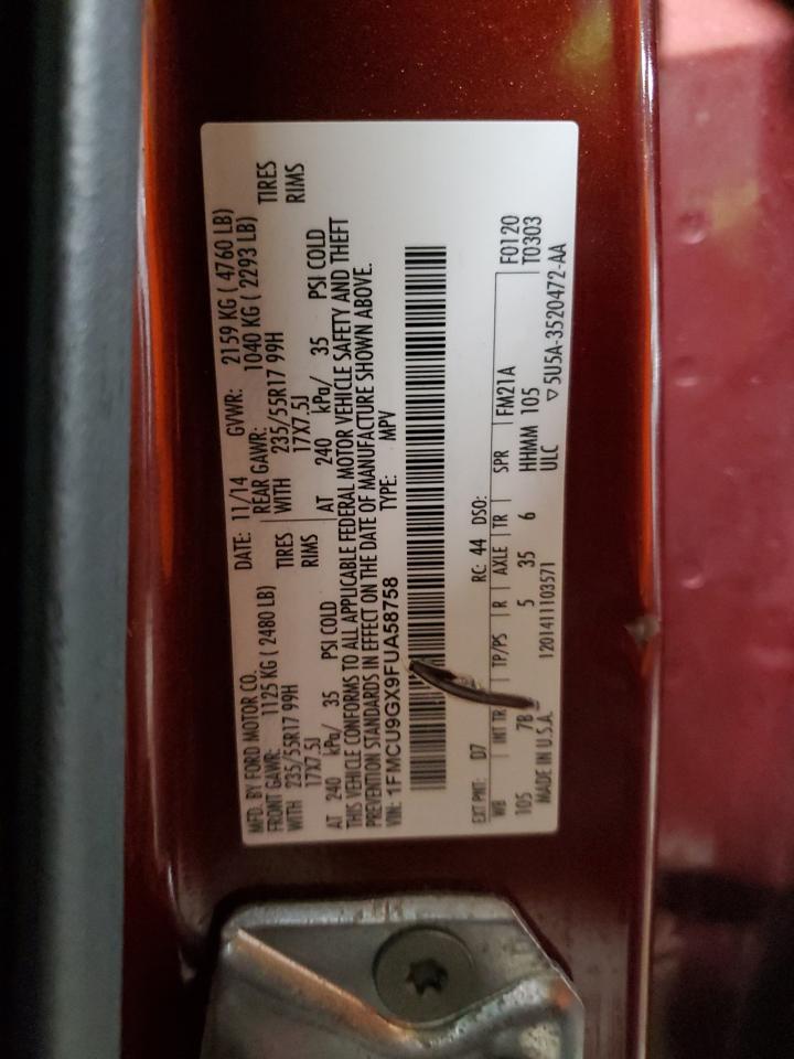 2015 Ford Escape VIN 1FMCU9GX9FUA58758 Copart auction photo, rear end damage thumbnail 13