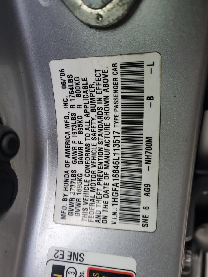2006 Honda Civic VIN 1HGFA16846L113517 Copart auction photo, front end / all over damage thumbnail 12