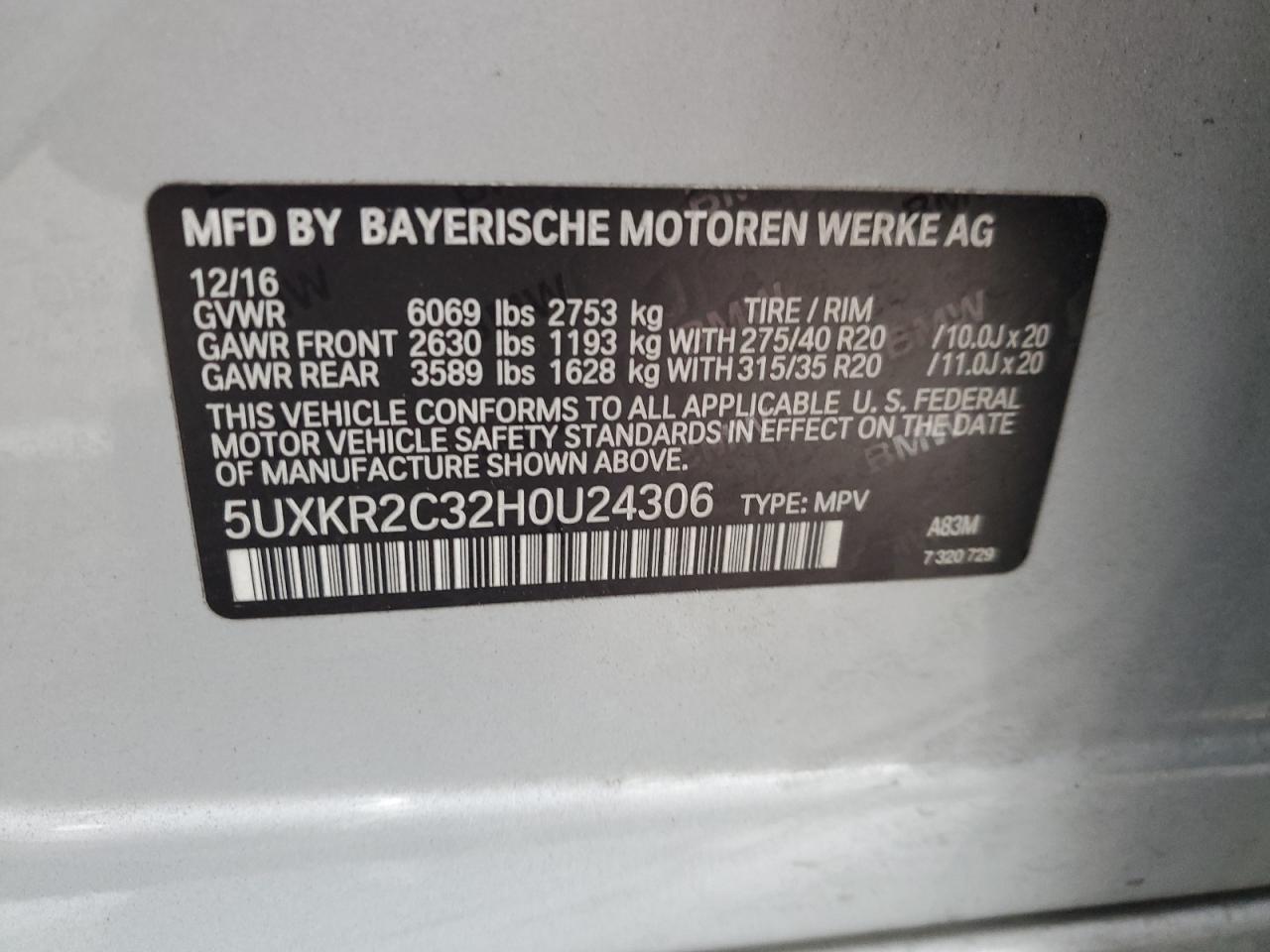 2017 BMW X5 VIN 5UXKR2C32H0U24306 Copart auction photo, front end / minor dent/scratches damage thumbnail 13