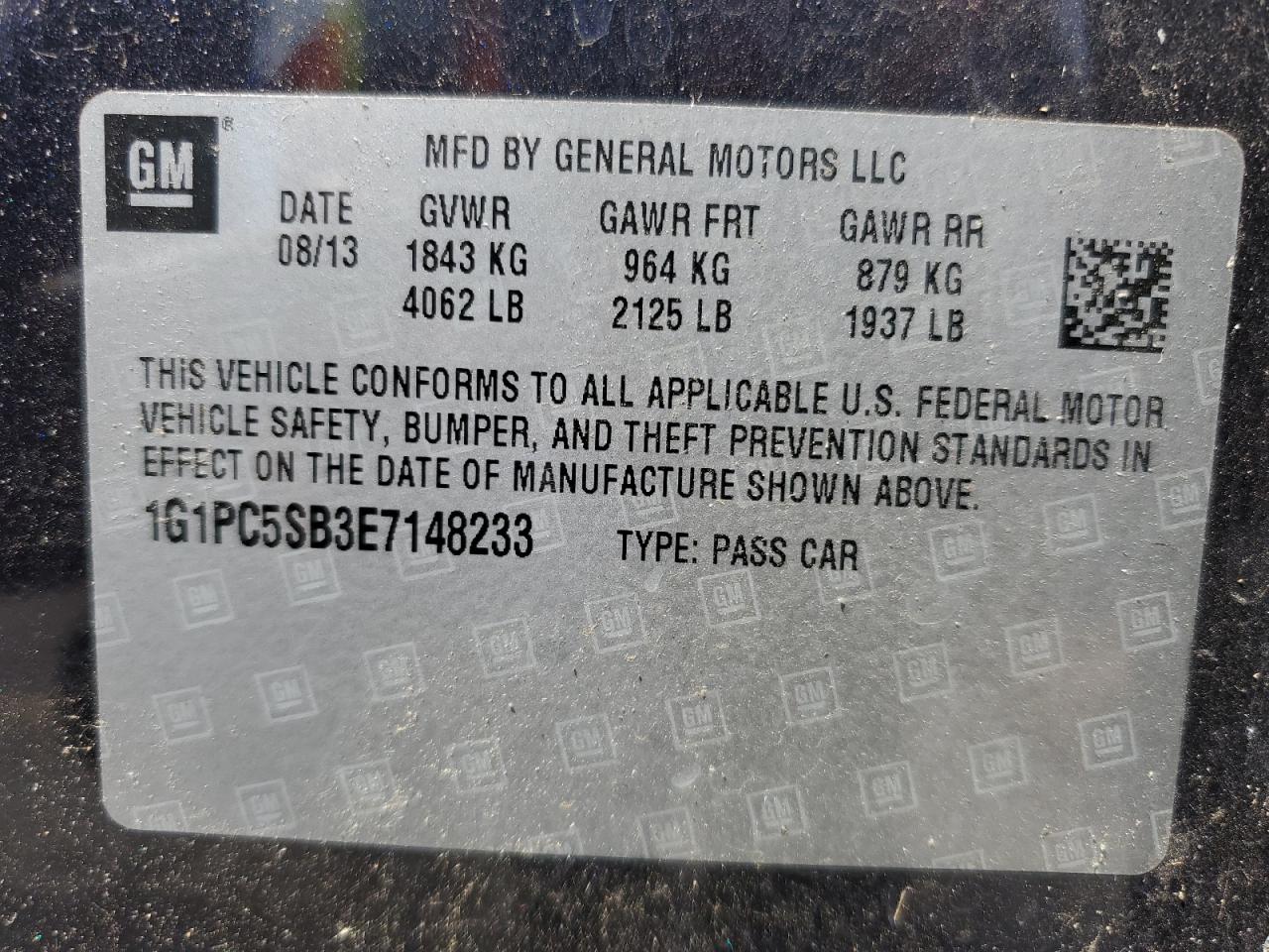 2014 Chevrolet Cruze VIN 1G1PC5SB3E7148233 Copart auction photo, normal wear damage thumbnail 12
