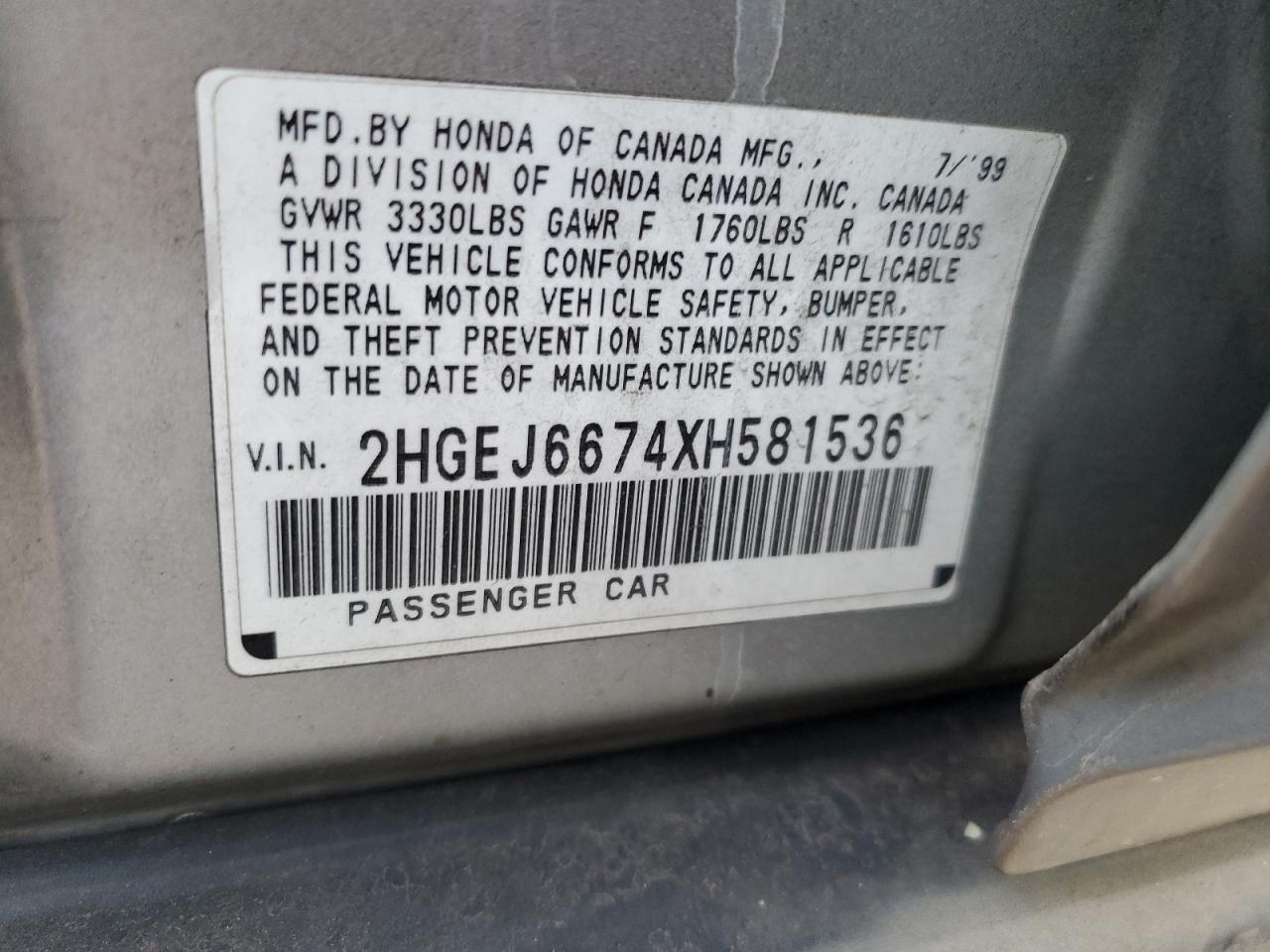 1999 Honda Civic VIN 2HGEJ6674XH581536 Copart auction photo, mechanical / side damage thumbnail 12