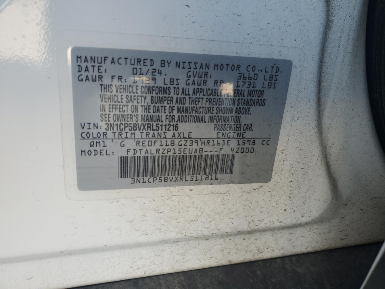 2024 Nissan Kicks VIN 3N1CP5BVXRL511216 Copart auction photo, all over damage thumbnail 14