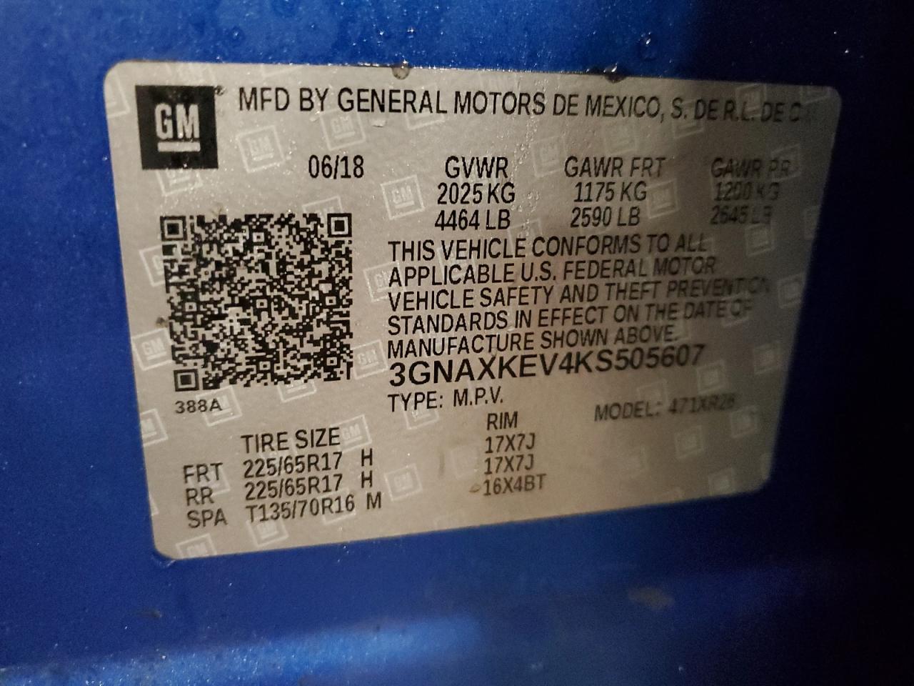 2019 Chevrolet Equinox VIN 3GNAXKEV4KS505607 Copart auction photo, front end damage thumbnail 15