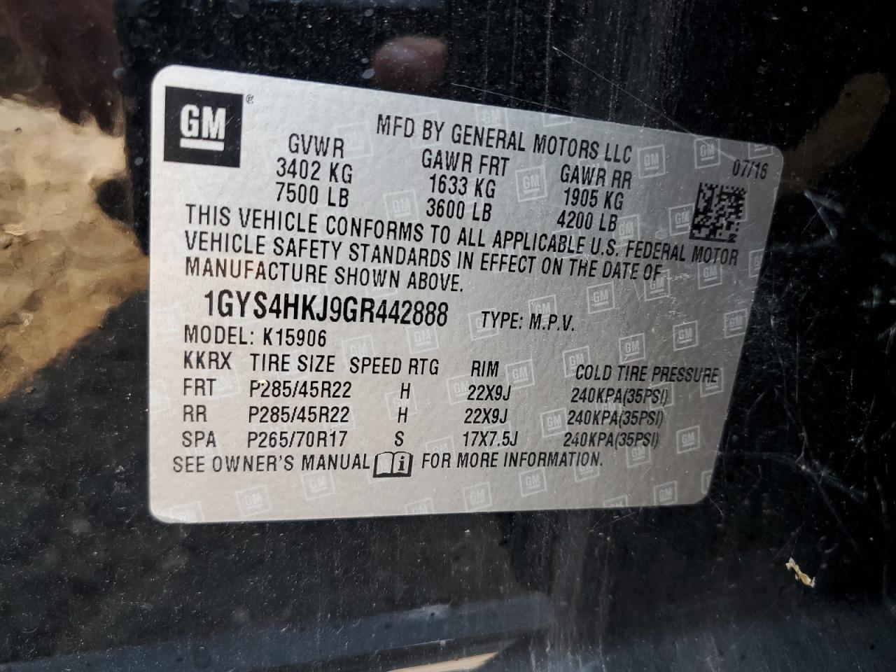 2016 Cadillac Escalade VIN 1GYS4HKJ9GR442888 Copart auction photo, front end / rear end damage thumbnail 14