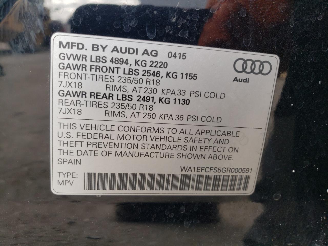 2016 Audi Q3 VIN WA1EFCFS5GR000591 Copart auction photo, front end damage thumbnail 16