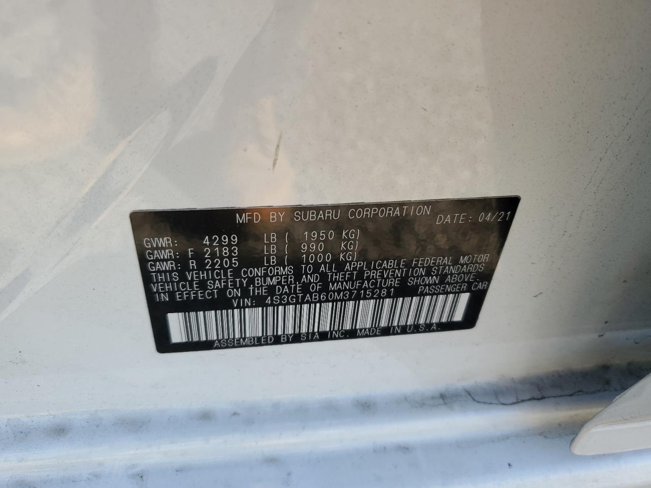 2021 Subaru Impreza VIN 4S3GTAB60M3715281 Copart auction photo, front end damage thumbnail 14