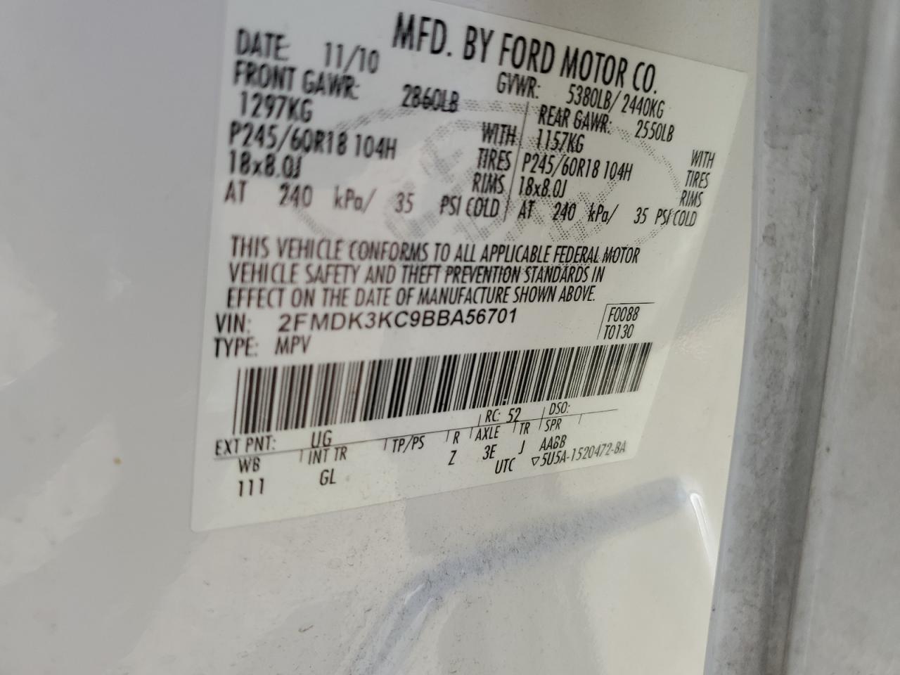 2011 Ford Edge VIN 2FMDK3KC9BBA56701 Copart auction photo, front end damage thumbnail 13