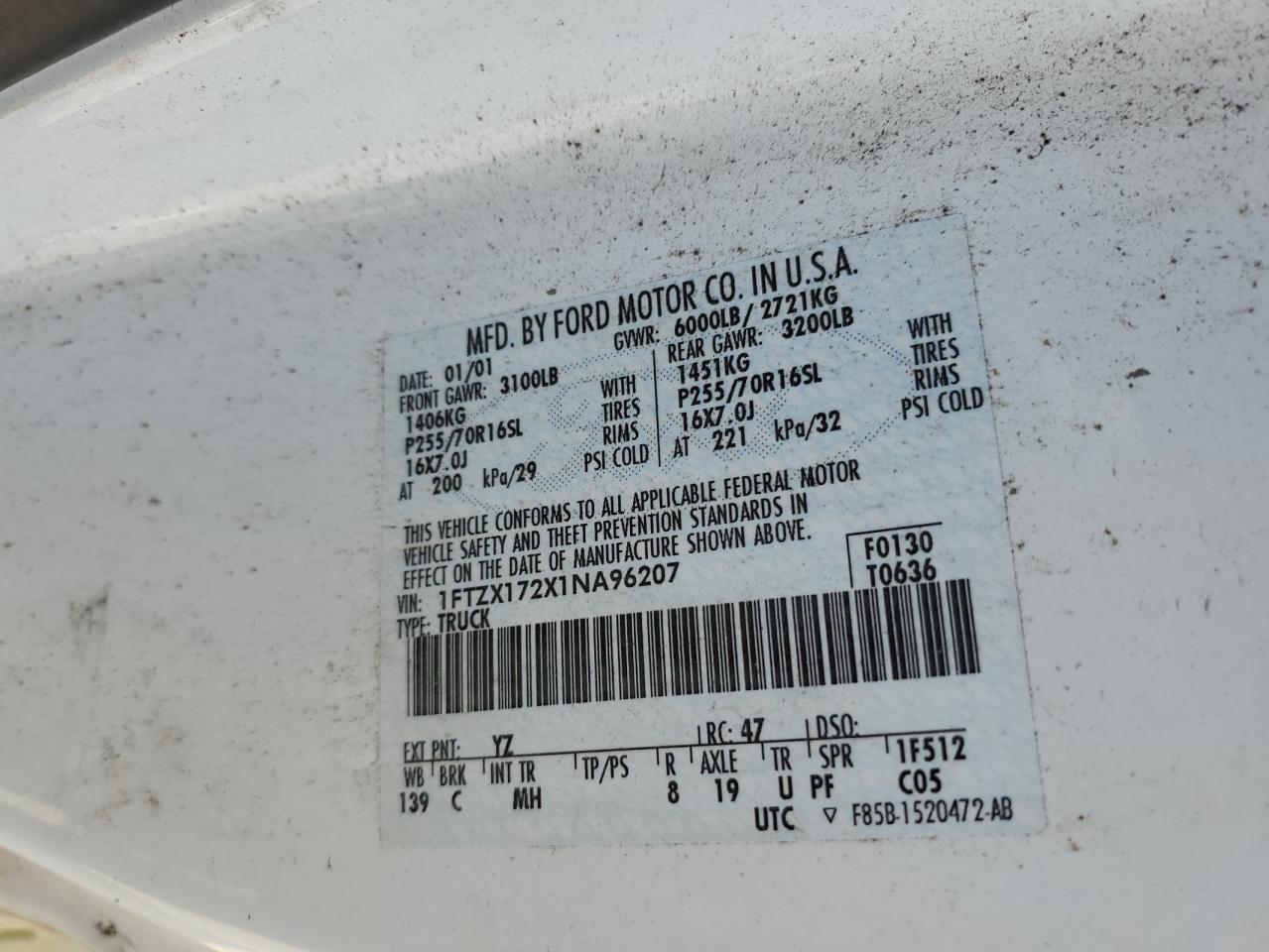 2001 Ford F-150 VIN 1FTZX172X1NA96207 Copart auction photo, front end damage thumbnail 14